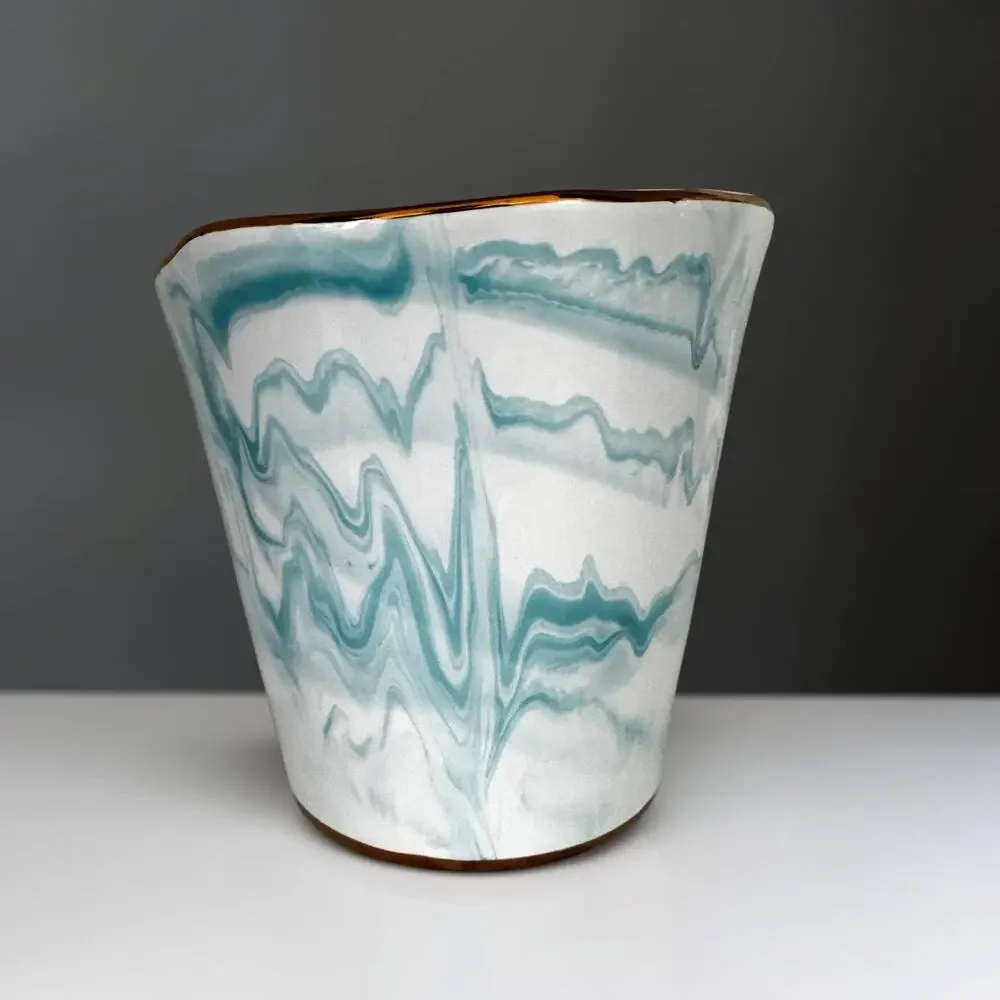 Small Blue Marble Porcelain Cachepot Planter | White & Aqua Swirl Vase Gold Trim